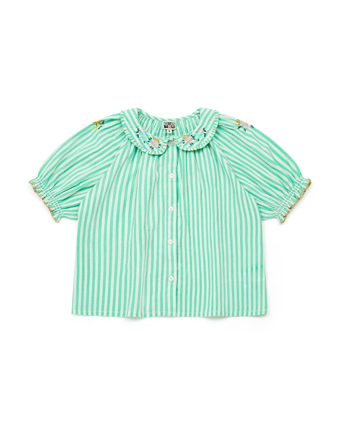 Blouse - Short sleeves in striped crepe Girl Embrodery At Collar