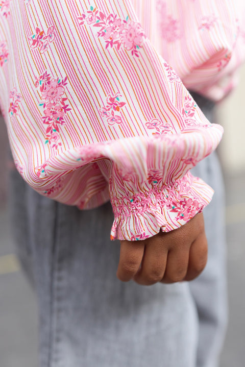 Blouse - Reina rose clair rayé fleuri - Image principale