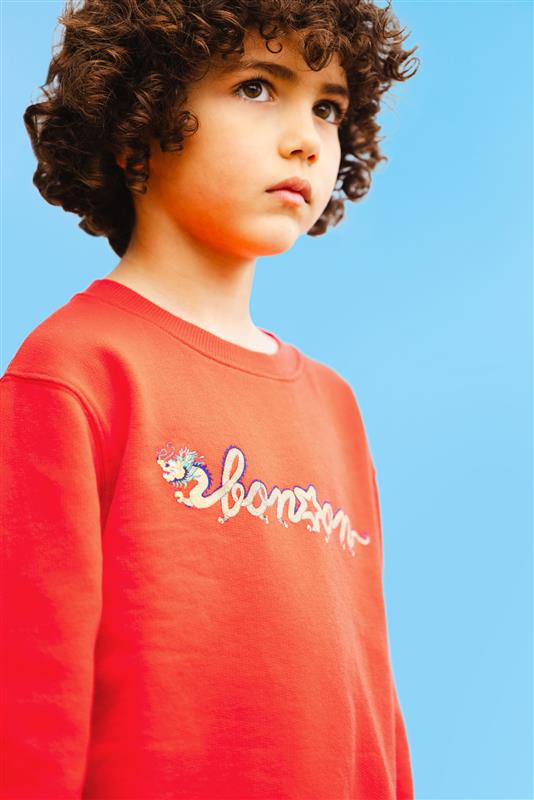 Sweat - Smile rouge molleton coton imprimé dragon