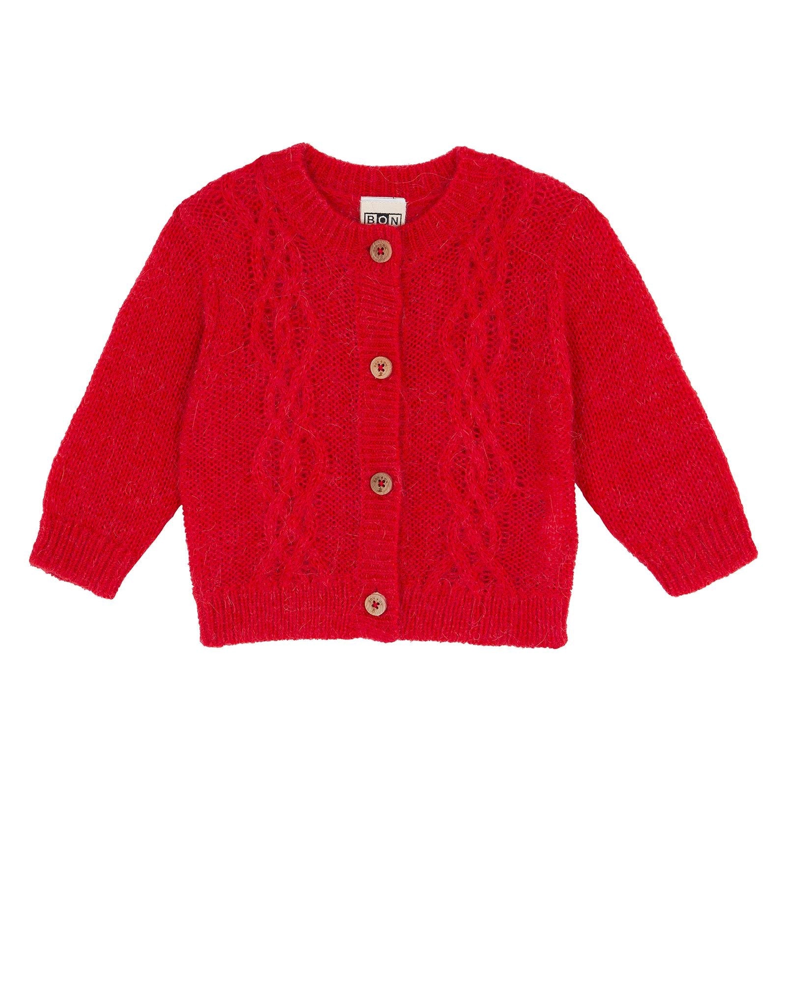 Cardigan Mini Bernard rouge bébé en maille ajourée