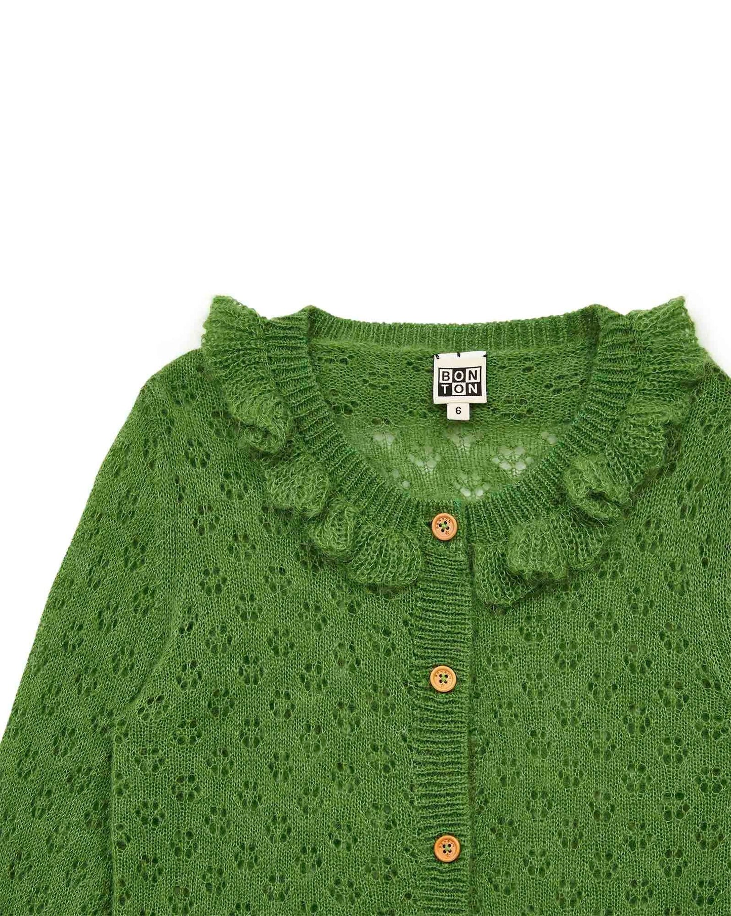 Cardigan - Corolle vert en tricot ajouré