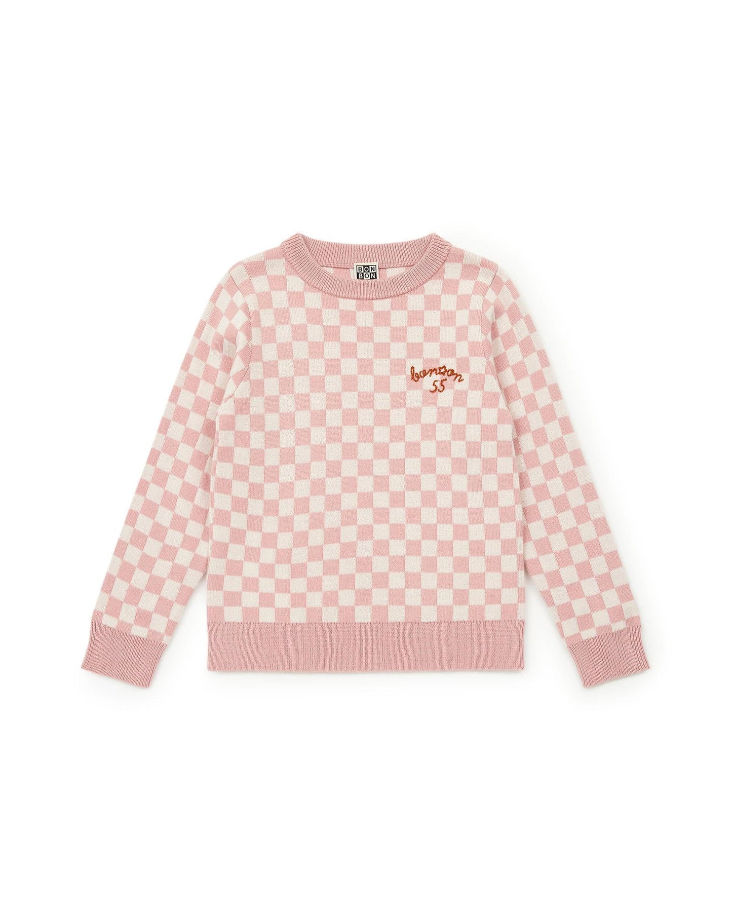 Pull - damier rose en tricot jacquard