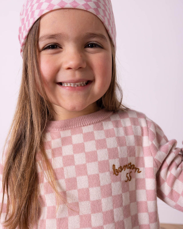 Sweater - checkerboard Pink in jacquard knitting - Image principale