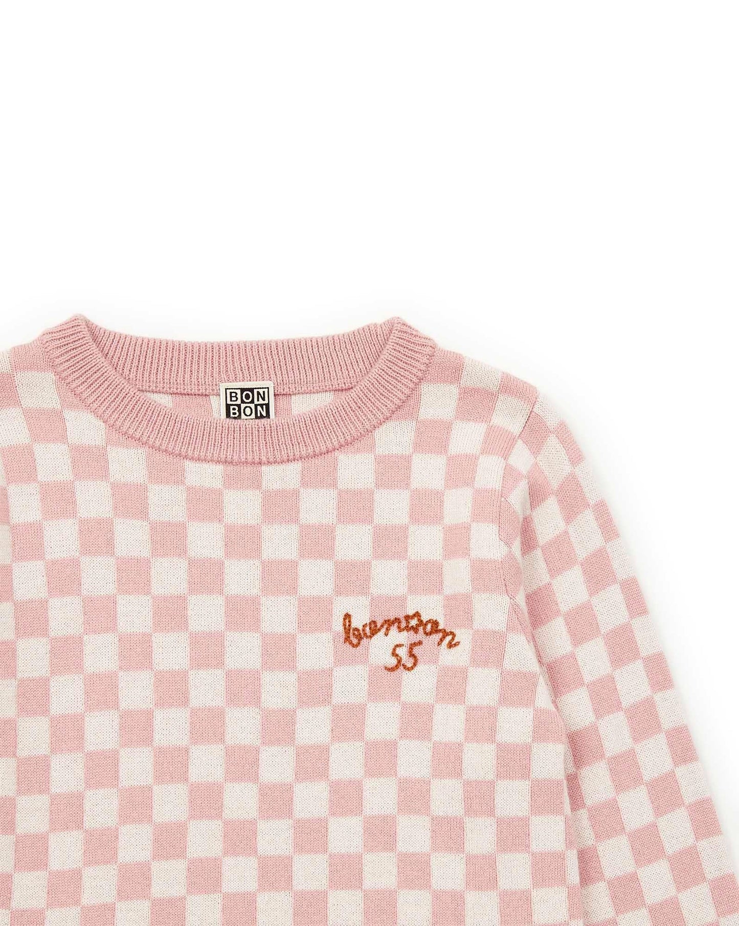 Pull - damier rose en tricot jacquard