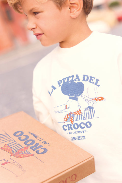 Sweat - Lame ecru bonton illustration pizza del croco - Image principale