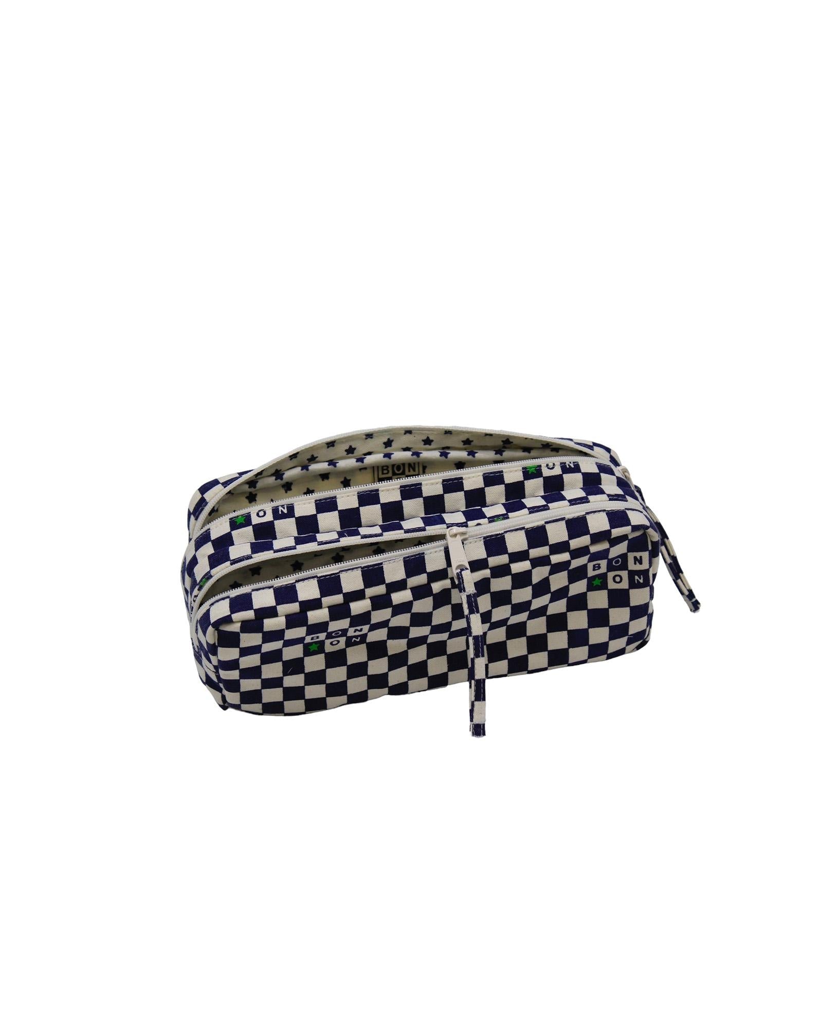 Trousse damier bleu en toile 100% coton