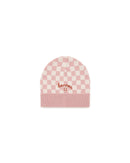 Bonnet - damier rose en tricot jacquard