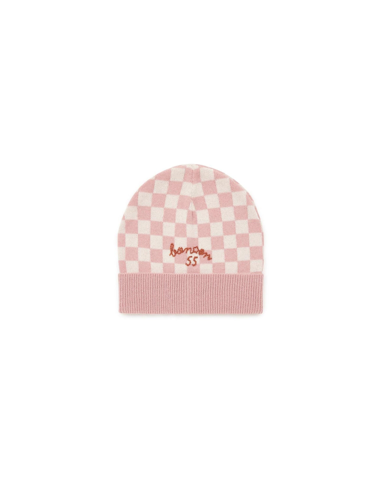Bonnet - damier rose en tricot jacquard
