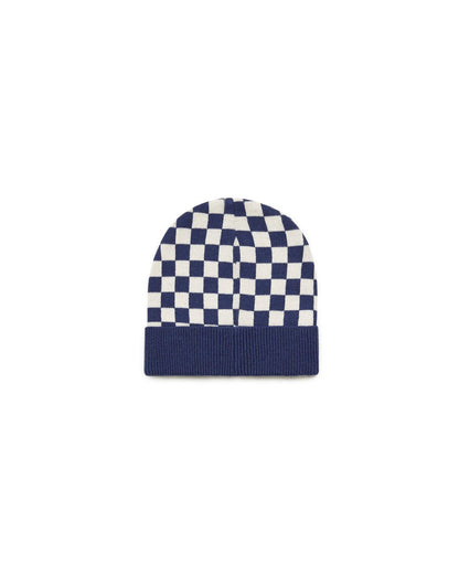 Beanie checkerboard Blue in jacquard knitting