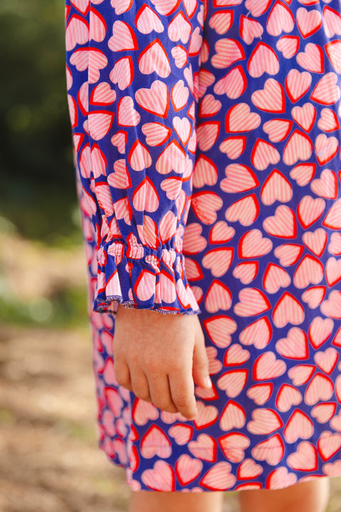 Robe - Dahlia bleue popeline de coton imprimée coeur - Image principale