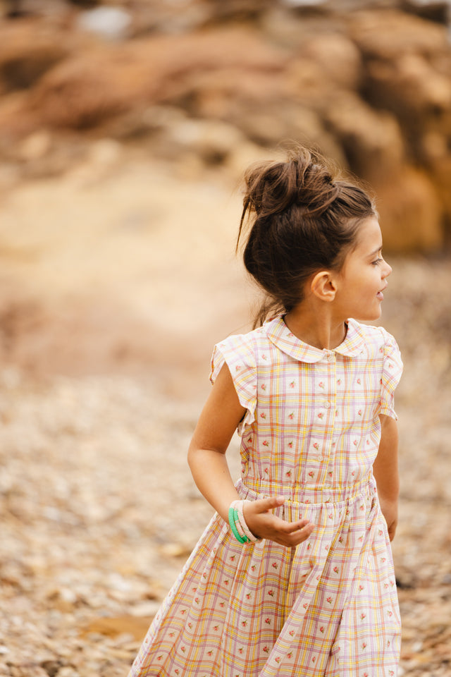 Dress - Greta Pink Slub cotton PrintE Carreau - Image principale