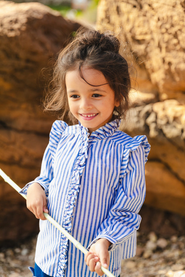 Blouse - Dory écrue voile de coton rayé bleu - Image principale