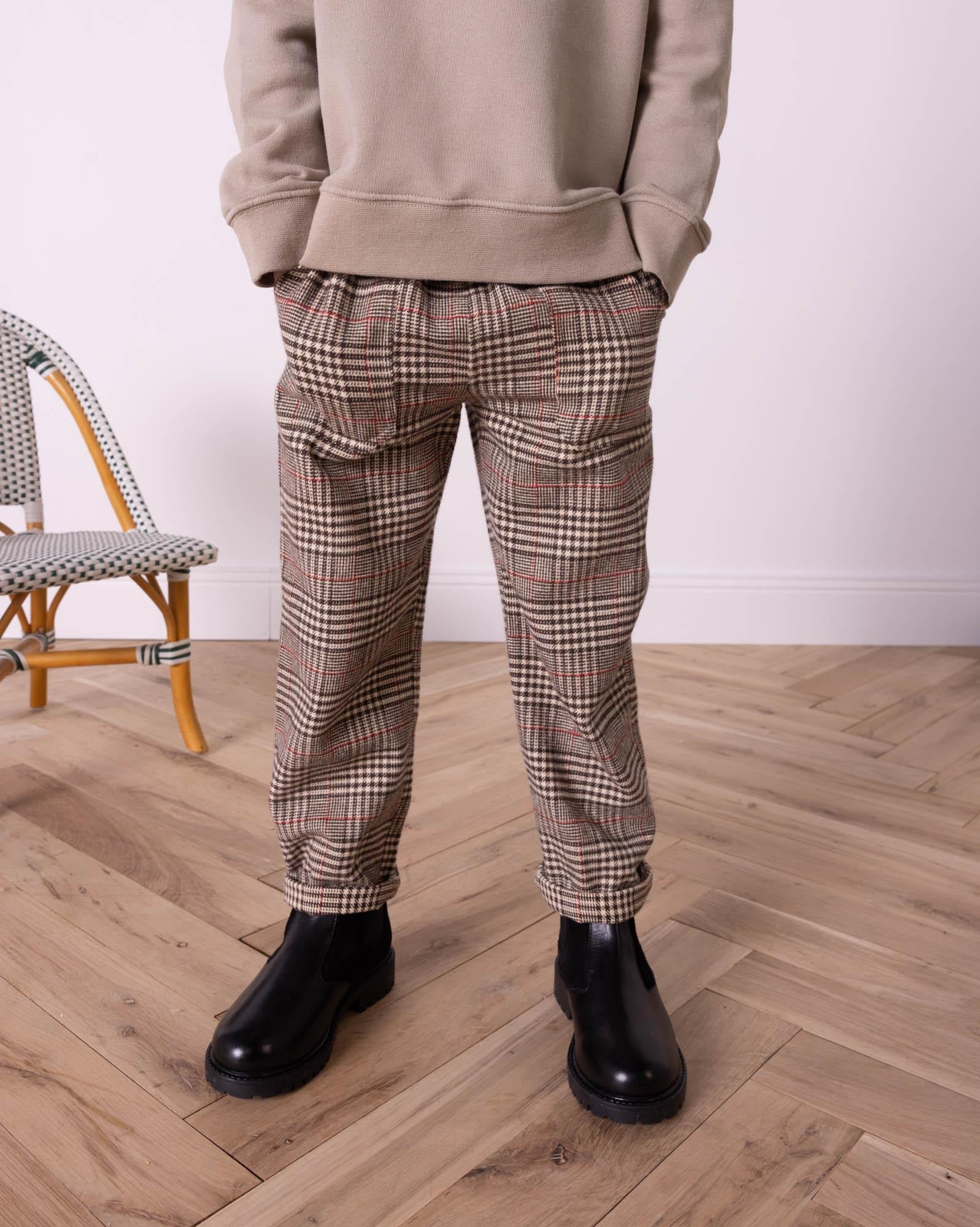 Pantalon Batcha marron en coton tweed imprimé carreau