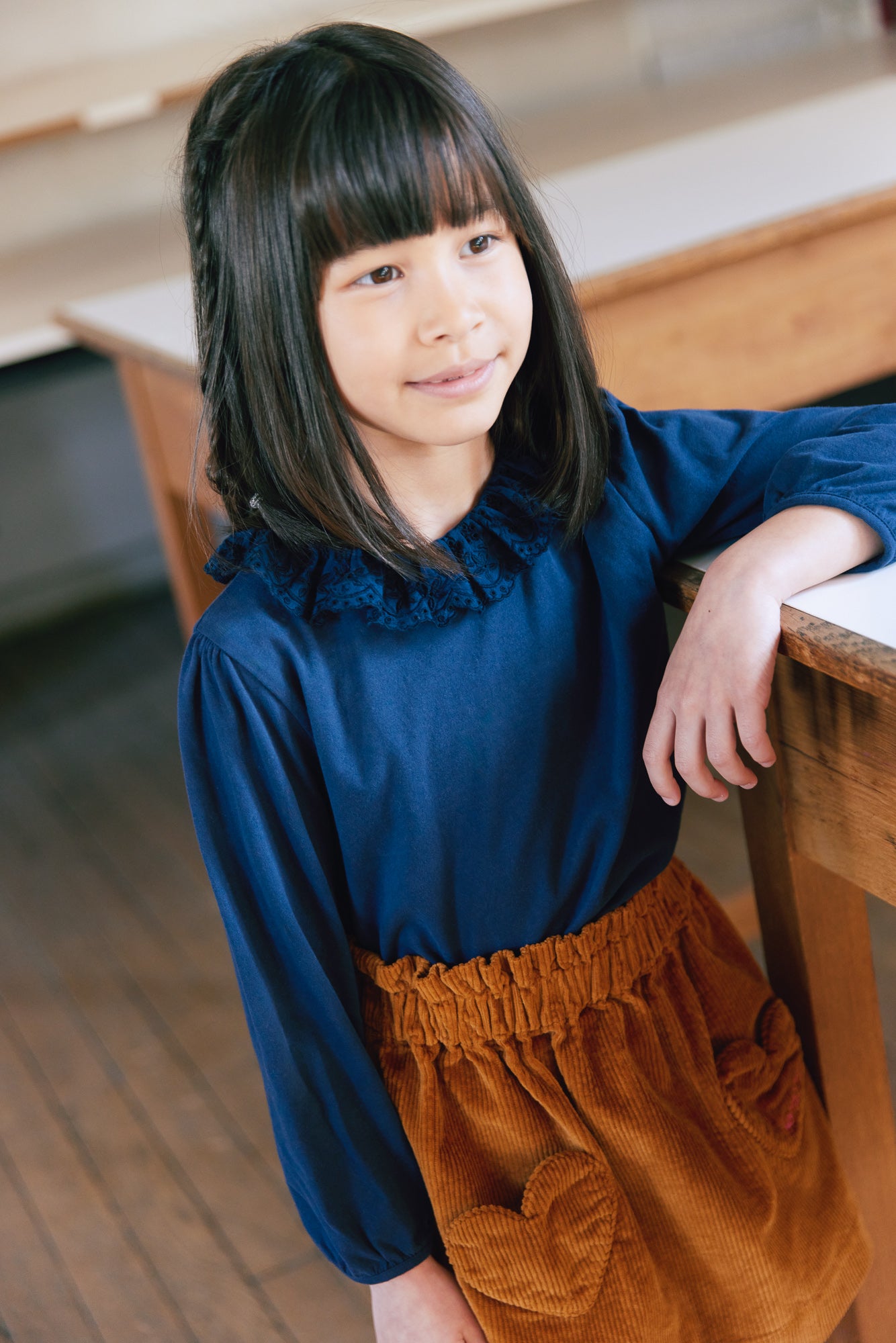 T-shirt - Juna navy bonton col volanté