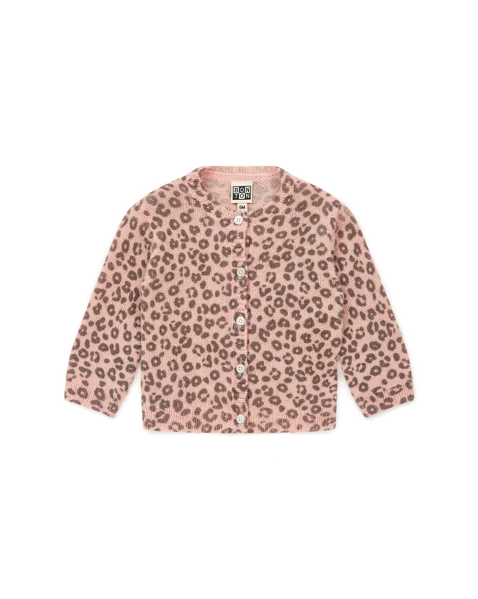 Cardigan rose Bébé en tricot imprimé léopard