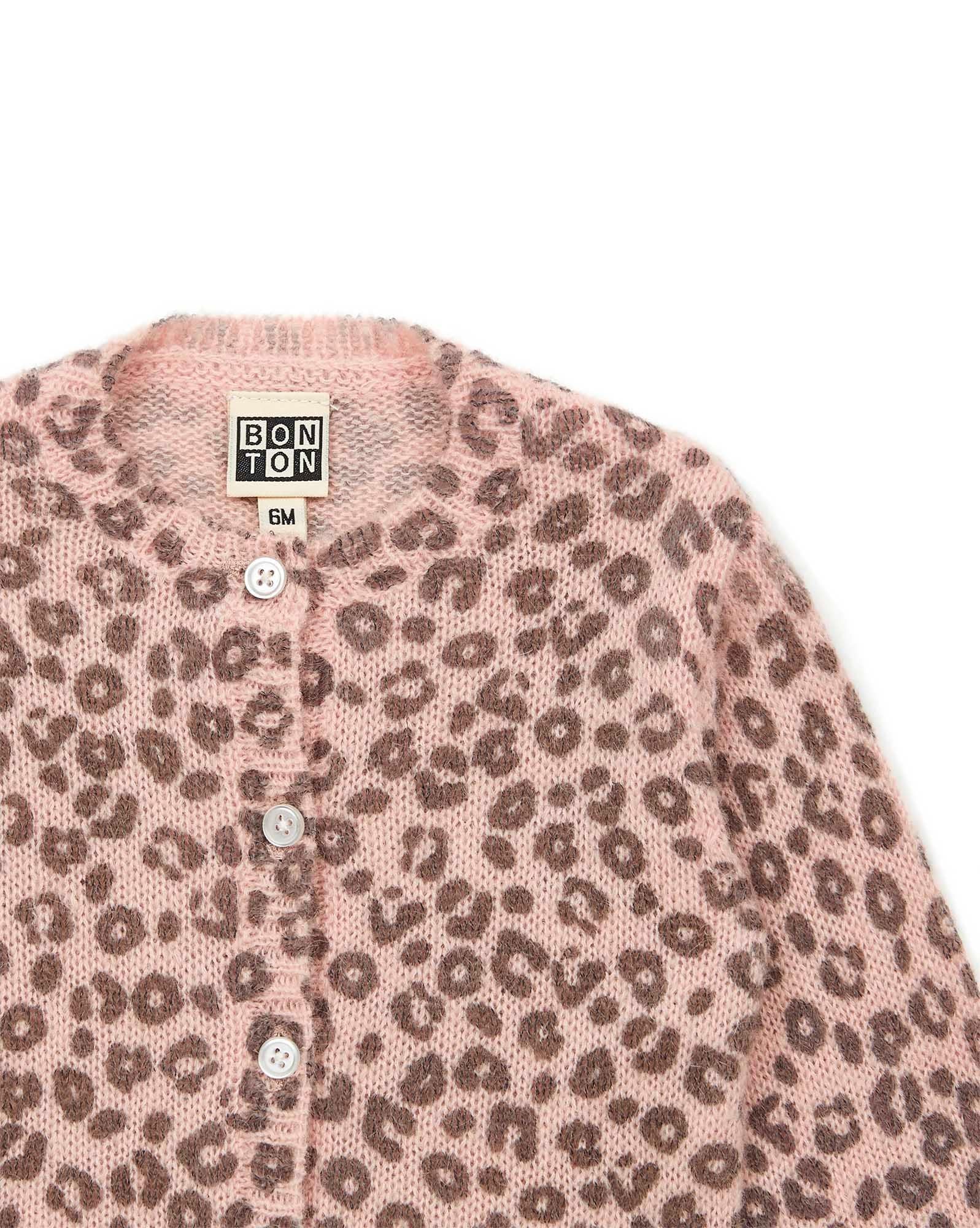 Cardigan rose Bébé en tricot imprimé léopard