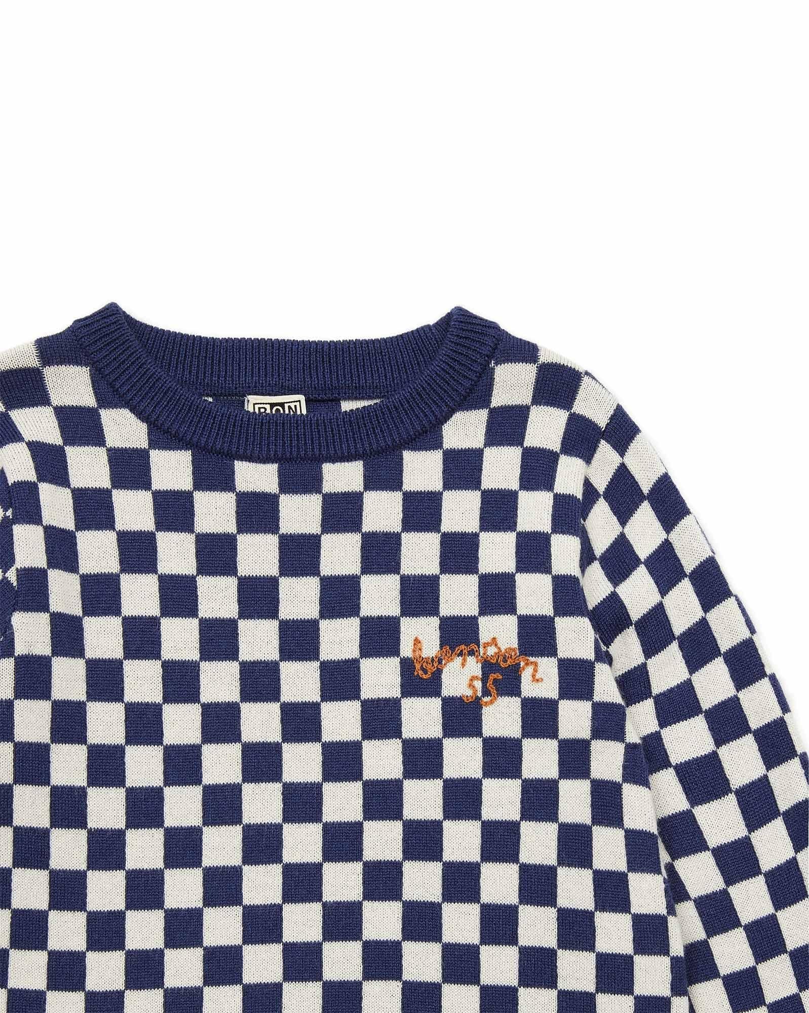 Pull damier bleu en tricot jacquard