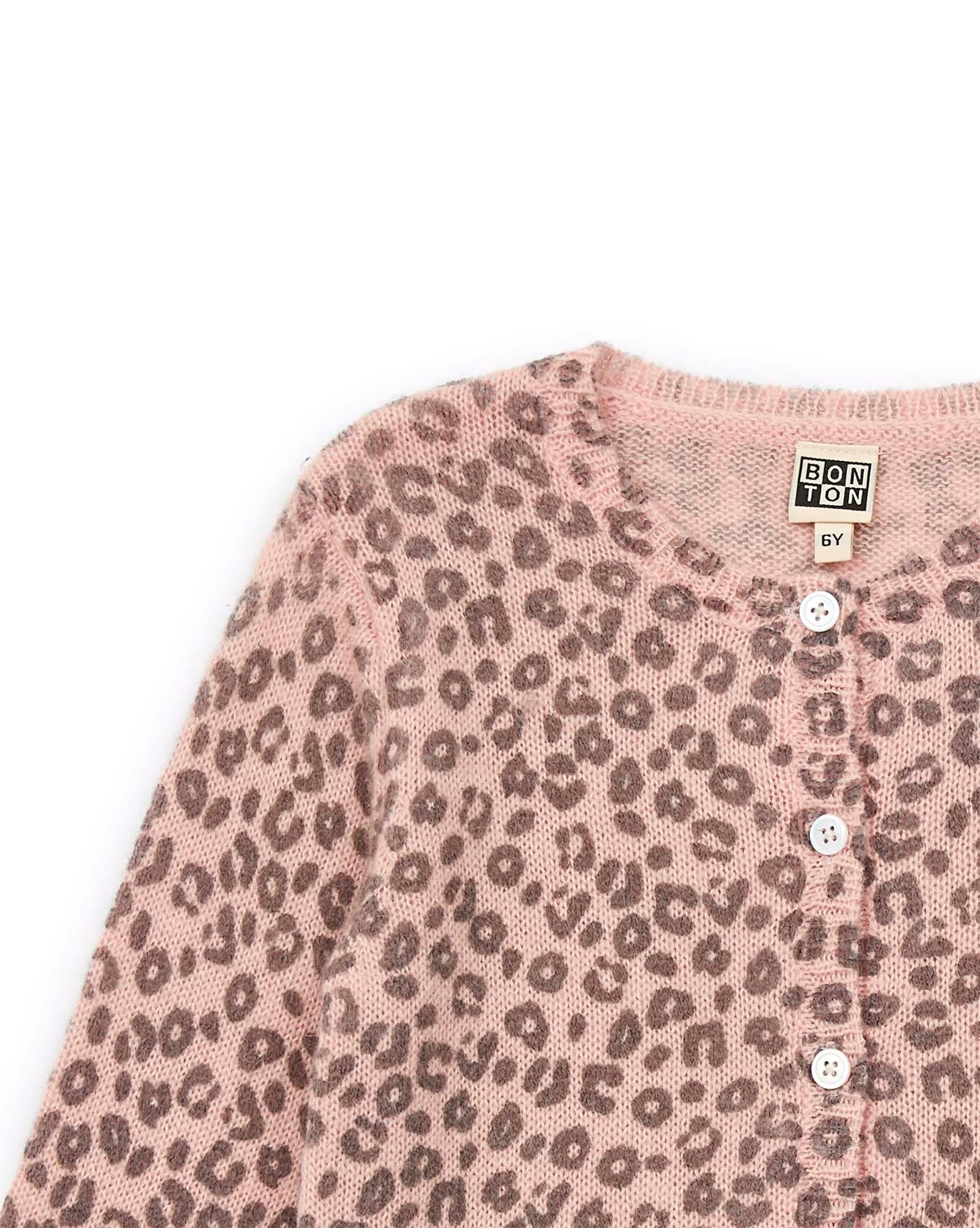 Cardigan rose Fille en tricot imprimé léopard