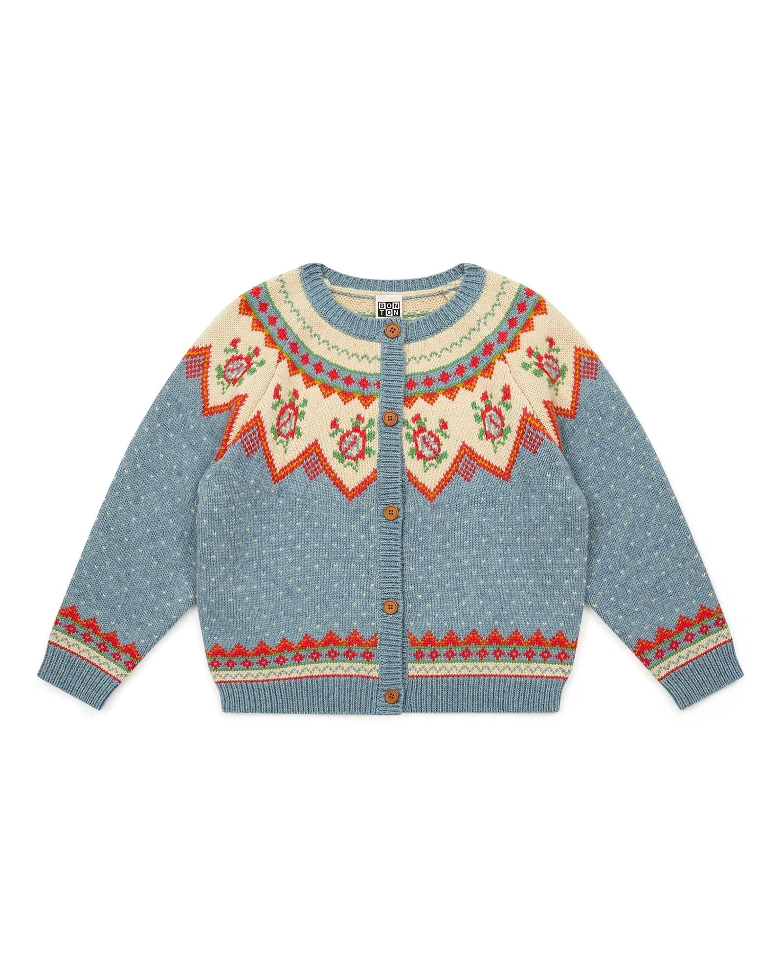 Cardigan Rosie bleu en tricot jacquard en maille
