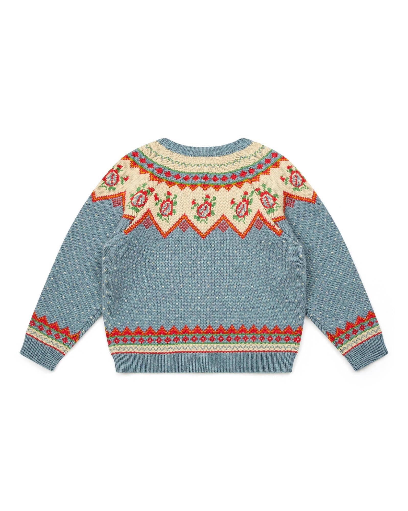 Cardigan Rosie bleu en tricot jacquard en maille