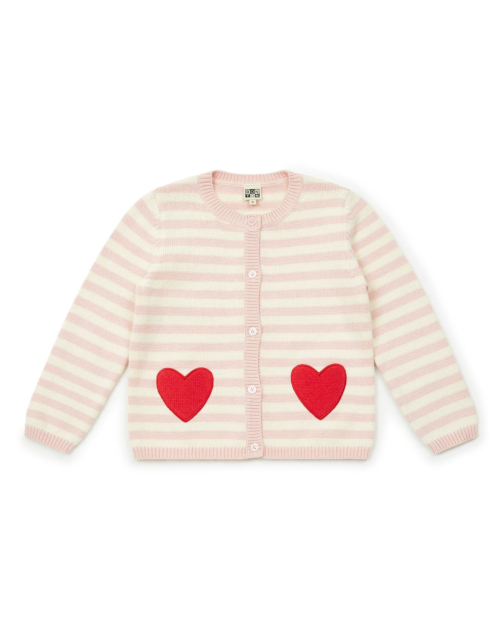 Cardigan Madeleine rose en tricot brodé coeur
