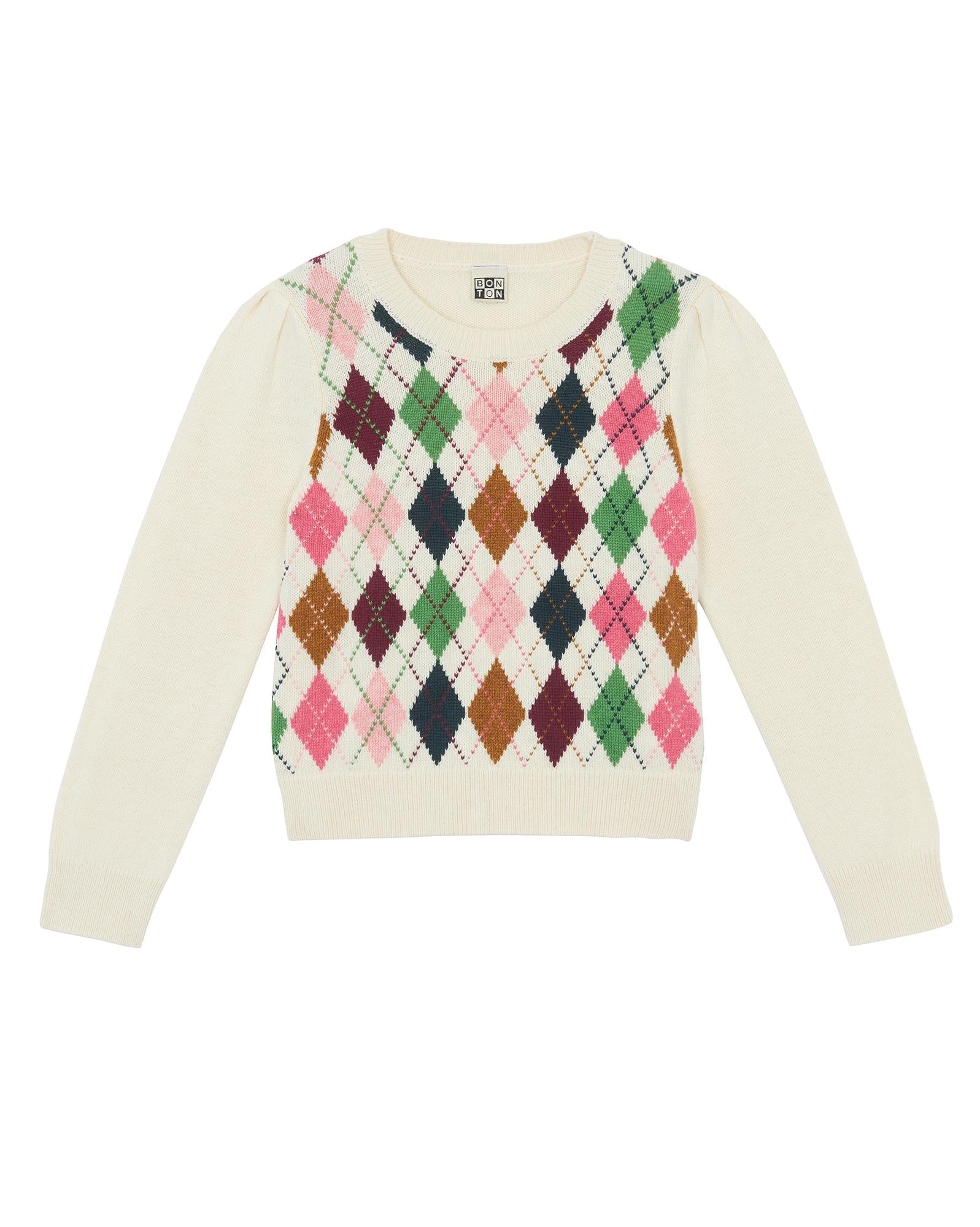 Pull Scotty beige en maille intersia