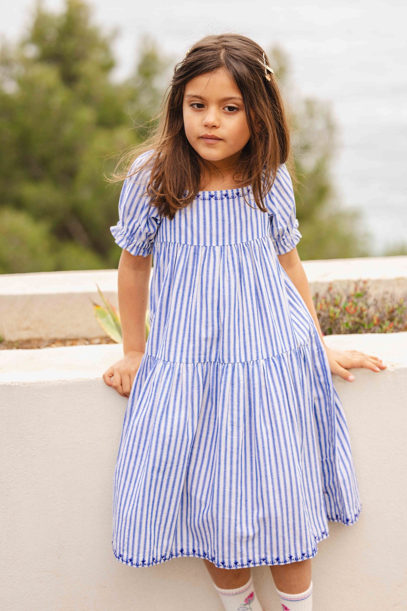 Robe - Georgette écrue voile de coton rayé bleu