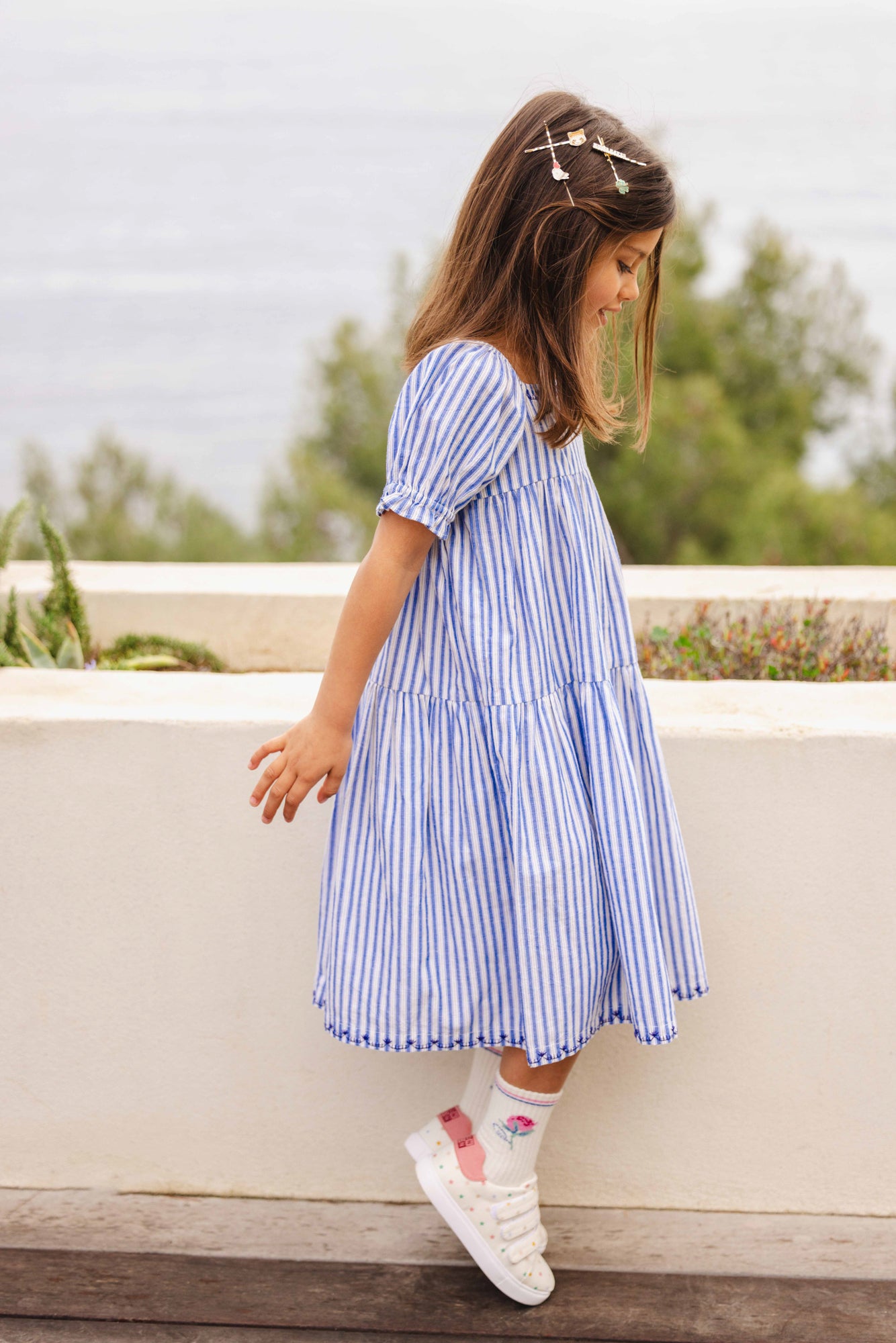 Robe - Georgette écrue voile de coton rayé bleu