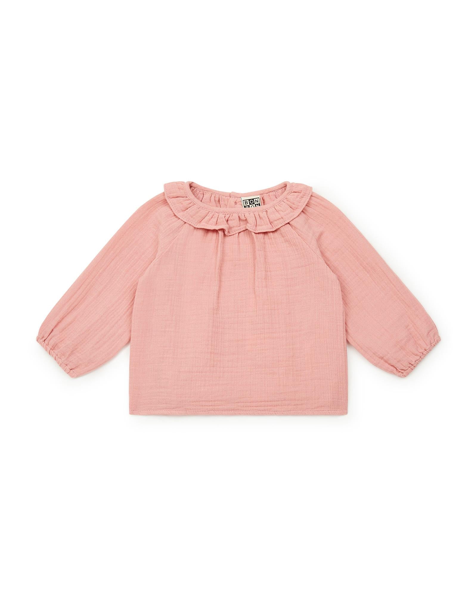 Blouse Mamour rose Bébé à col à volant en 100% coton  biologique certifié GOTS