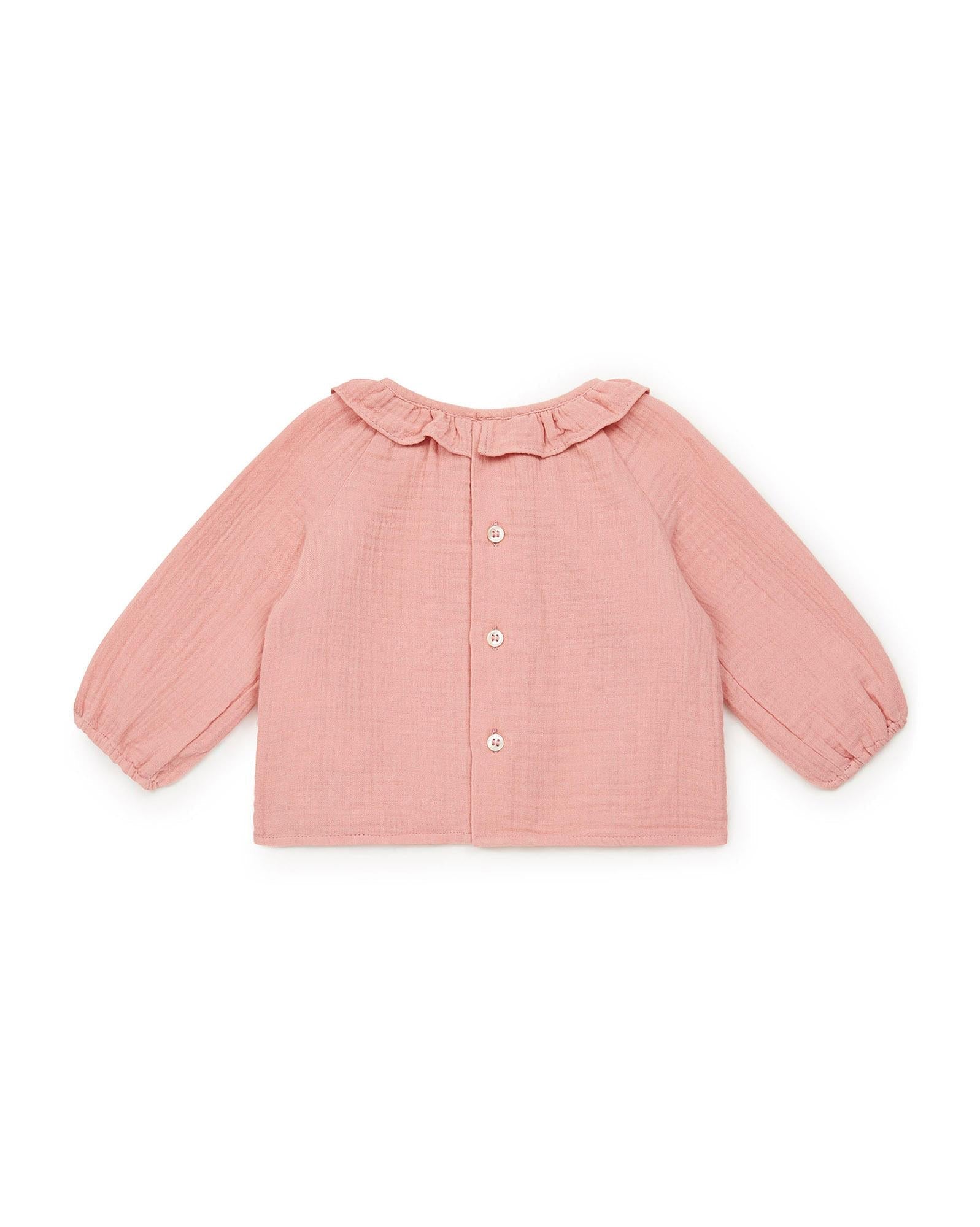 Blouse Mamour rose Bébé à col à volant en 100% coton  biologique certifié GOTS